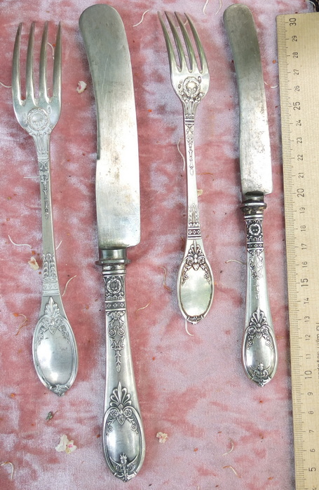 царские серебряные 2 вилки и 2 ножа, серебро 84 проба