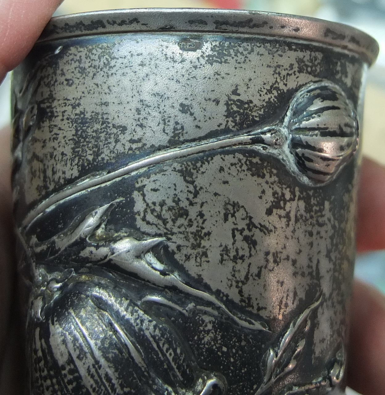 серебряный стакан с цветами, стиль модерн, серебро 800 проба, Европа, 19 век фото 3