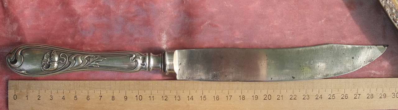 нож кухонный с серебряной ручкой, серебро 800 проба, 19 век фото 4