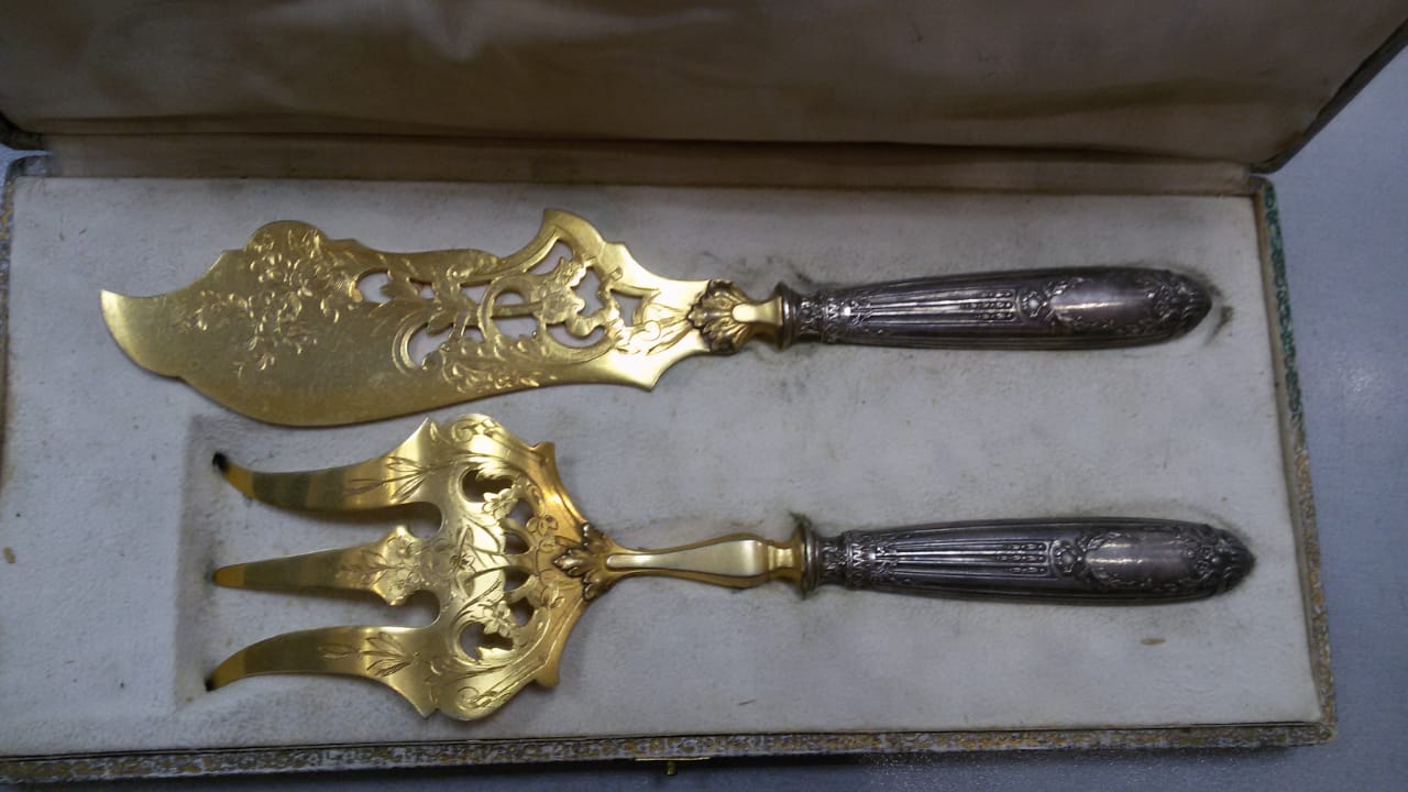  столовый набор серебряные лопатка и вилка ,Франция, серебро голова  Минервы, золочение  о фото 5