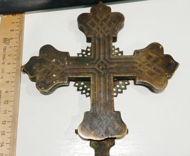 крест церковный латунный с церковной хоругви, 19 век