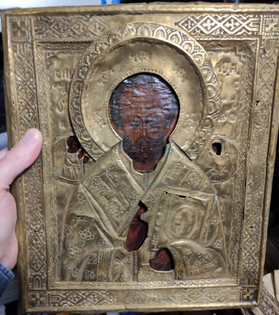 икона Николай Чудотворец,ковчег, латунный оклад, прописная, 19 век