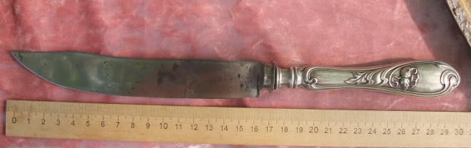 нож кухонный с серебряной ручкой, серебро 800 проба, 19 век