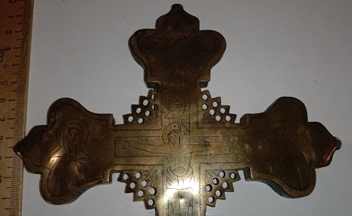 крест церковный латунный с церковной хоругви, 19 век фото 4