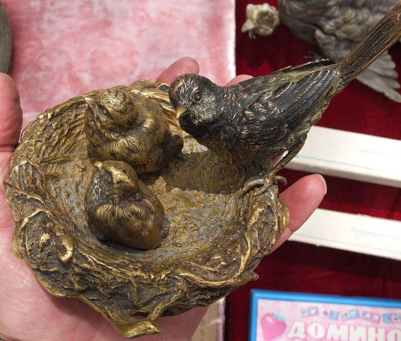 бронзовая статуэтка Гнёздышко с птенцами, венская бронза, старая фото 8