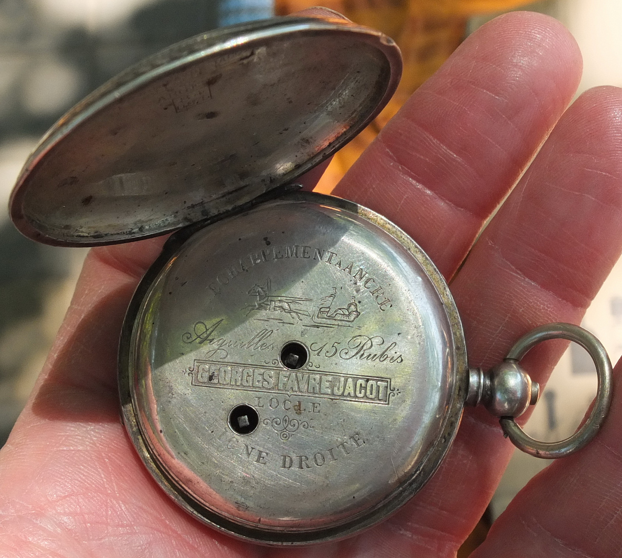 серебряные карманные часы Georges Favre Jacot, серебро 84 проба фото 6