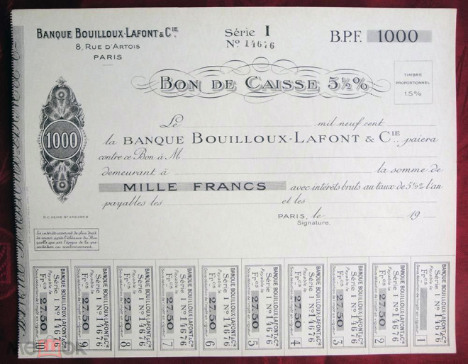 Франция Париж Банки Буйо Лафон Банк Дивидендная ценная бумага на 1000 франков